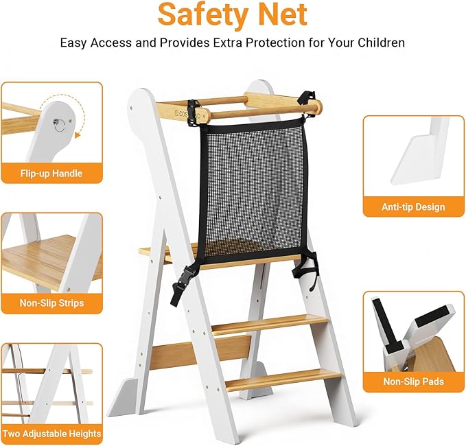 COSYLAND Foldable Toddler Kitchen Stool Helper - Height Adjustable Standing Tower for Bathroom Sink or Kitchen Counter - Step Stool for Toddlers Ages 18 Months to 6 Years White & Natural