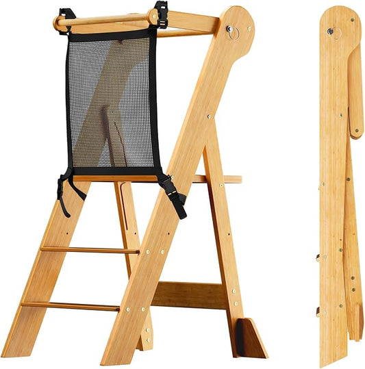 COSYLAND Foldable Toddler Kitchen Stool Helper - Height Adjustable Standing Tower for Bathroom Sink or Kitchen Counter - Step Stool for Toddlers Ages 18 Months to 6 Years Natural