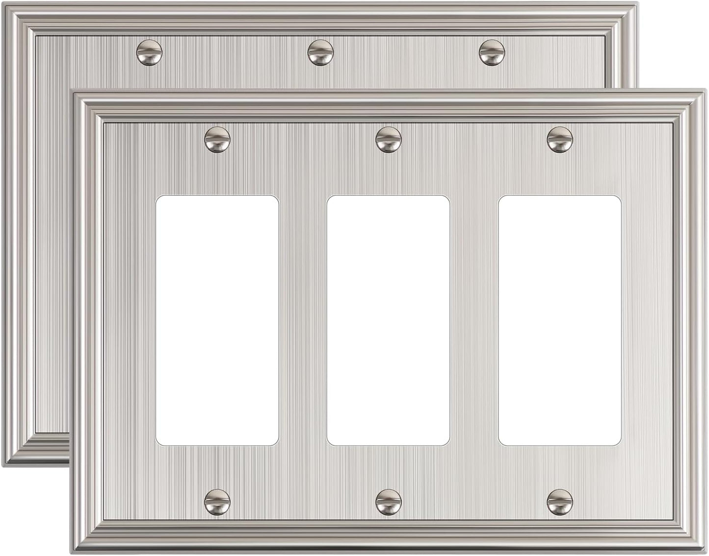 2-Pack Decorative Tripple Decorator Outlet Cover Plate, Durable Zinc Alloy Brushed Nickel Wall Plates for Electrical Outlets, Receptacle, GFCI Outlet, Dimmer Switch, 3-Gang