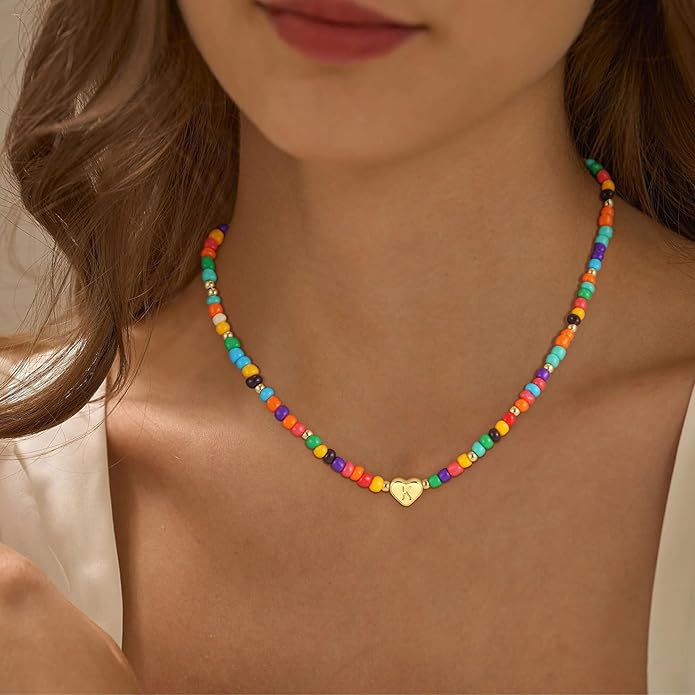 Colorful Heart Initial Necklaces for Girl Kids - 18K Gold Filled Colorful Bead Initial A-Z Letter Necklace Teen Girls Gifts Trendy Stuff Birthday Gifts for 5 6 7 8 9 10 Year Old Girls Gift