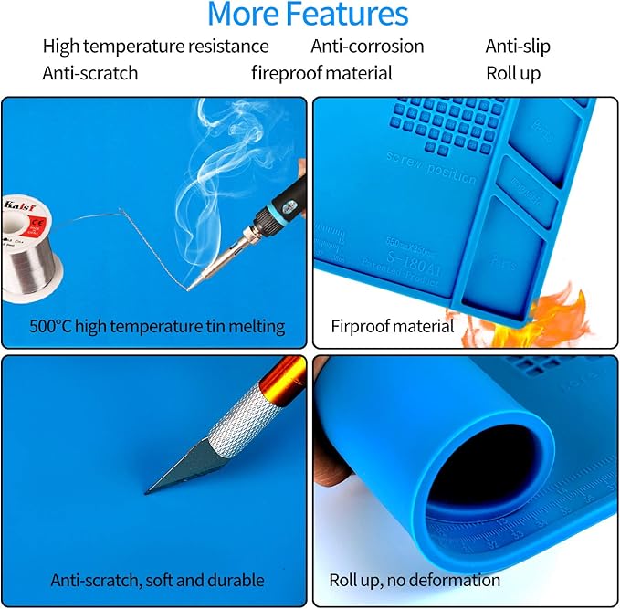 Kaisi S-180 Large Silicone Soldering Mat Magnetic Repair Work Mat, Heat Resistant Insulation Large Platform Station Pad for Soldering, Electronics, Computer Repair, Size 21.6 x 13.8 inch