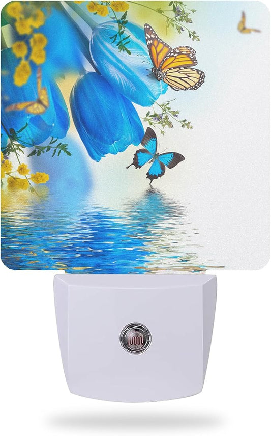 Night Light for Kids,Blue Tulips and Butterfly LED Night Light Plug into Wall with Dusk to Dawn Sensor for Girls Boys Room Decor,Hallway,Kitchen,Bathroom,Nursery,Stairs