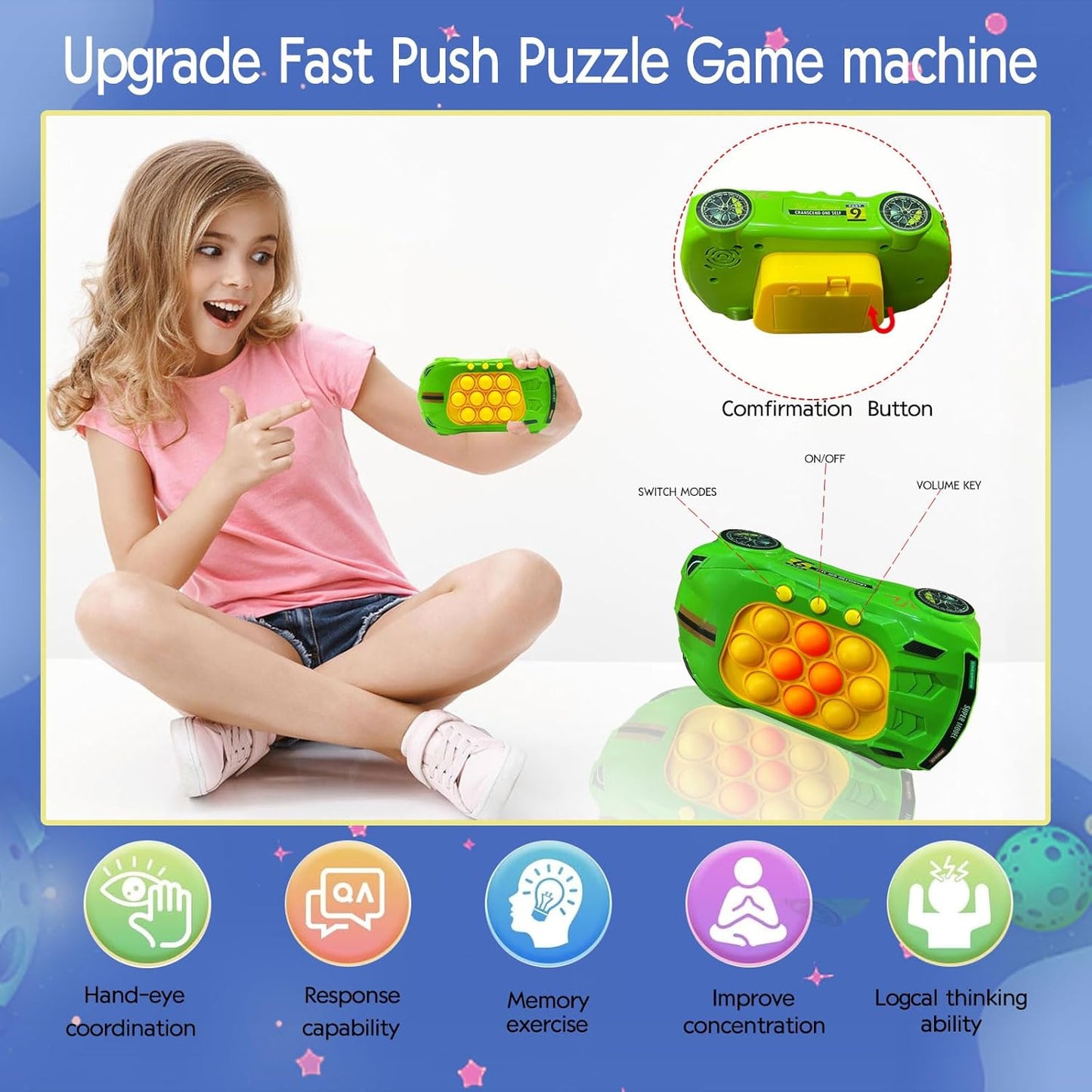 Quick Push Game Toys for Kids, Pop Fidget Toys Handheld Game for Children, Pop Fidget Sensory Toys, Push Bubble Light up Puzzle Game for Autistic Children,Gifts for Boy and Girl 3-12 (Green)