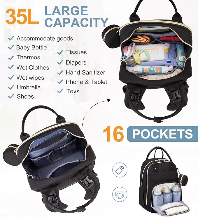 MOONBABY Diaper Bag Backpack, Baby Diaper Bags with Portable Changing Pad and Pacifier Case, Multifunctional Travel Diaper Backpacks, Unisex Baby Bags, Black