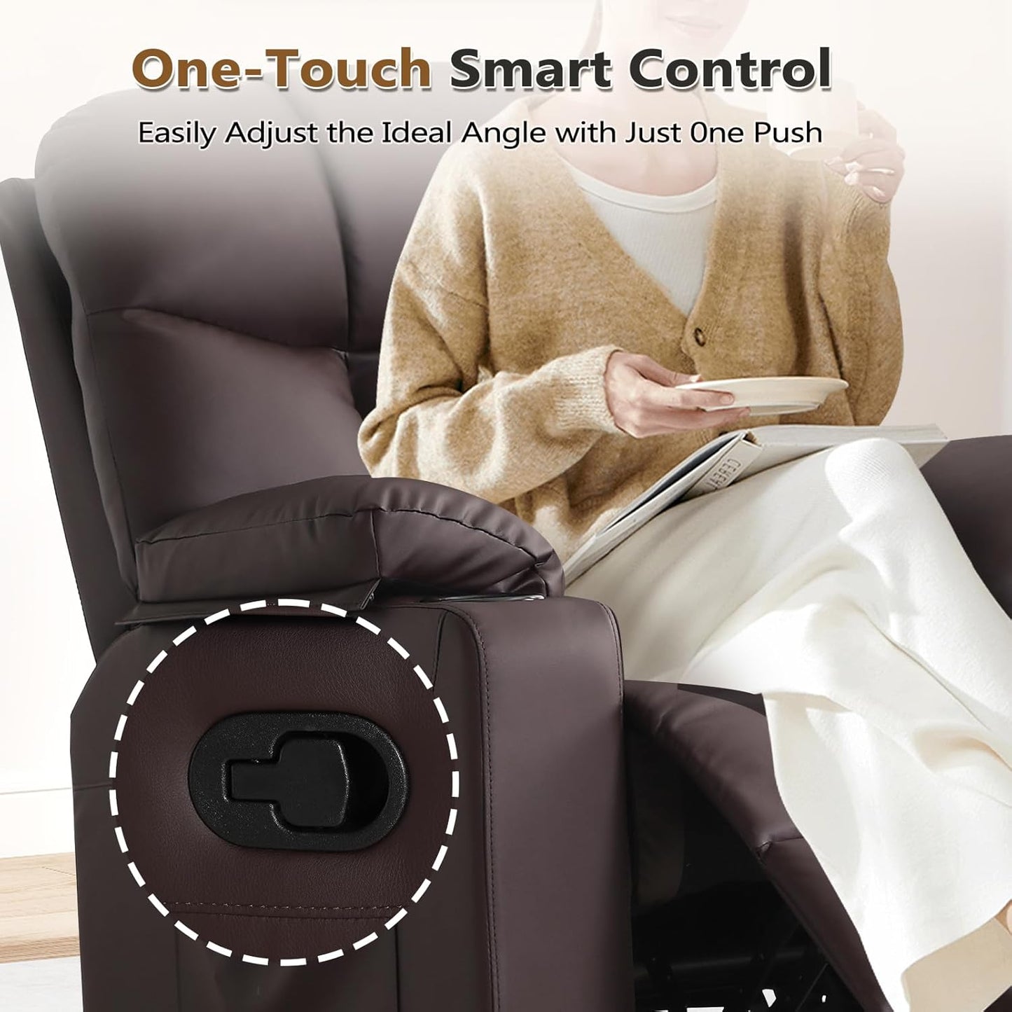ANJ Swivel Rocker Recliner Chair, Manual PU Leather, 360° Swivel with Massage & Heat for Living Room, Brown