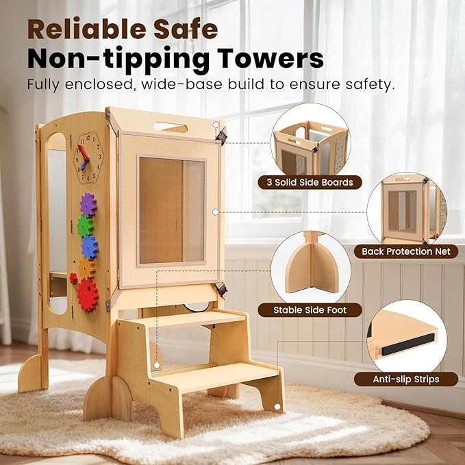 Toddler Tower Foldable Toddler Kitchen Stool Helper with 2 Step Stool, Safety Net, Adjustable Height, Chalk-Whiteboard& Montessori Activity