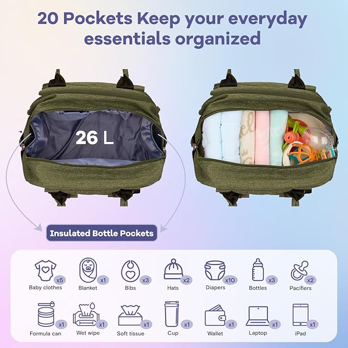 RUVALINO Diaper Bag Backpack, Multifunction Travel Pack Maternity Baby Changing Bags, Large Capacity, Waterproof, Olive Green