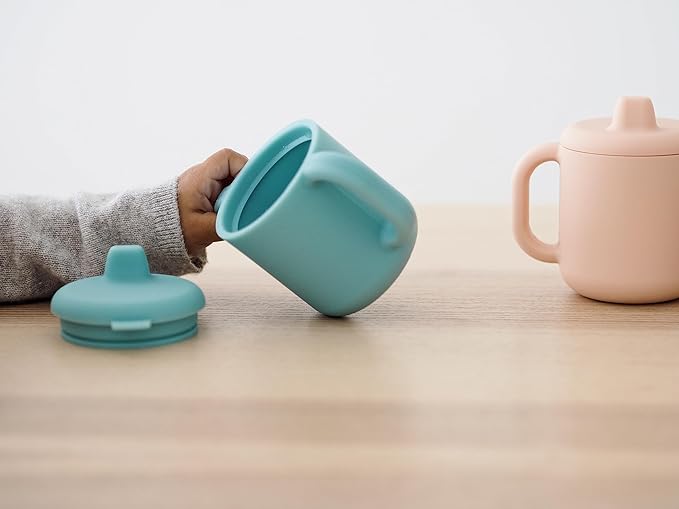 BEABA Silicone Training Cup, Soft Unbreakable Toddler Baby Sippy Cup, Leakproof Lid Ergonomic Wide Handles, 5.5 oz (Rain)