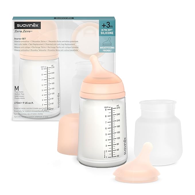 Suavinex Zero Zero Starter Set Small Anti Colic Baby Bottle, No 1 Spanish Baby Bottle Brand, Minimizes Bottle Rejection & Nipple Confusion, Medium Flow, 9 oz, Fair
