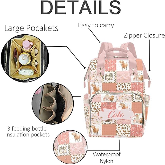 Personalized Highland Cow Pink Diaper Bag with Name – Custom Baby Bag, Nursing Tote Backpack for Mom, Custom Name Mommy Daypack, Shower Gift for Baby