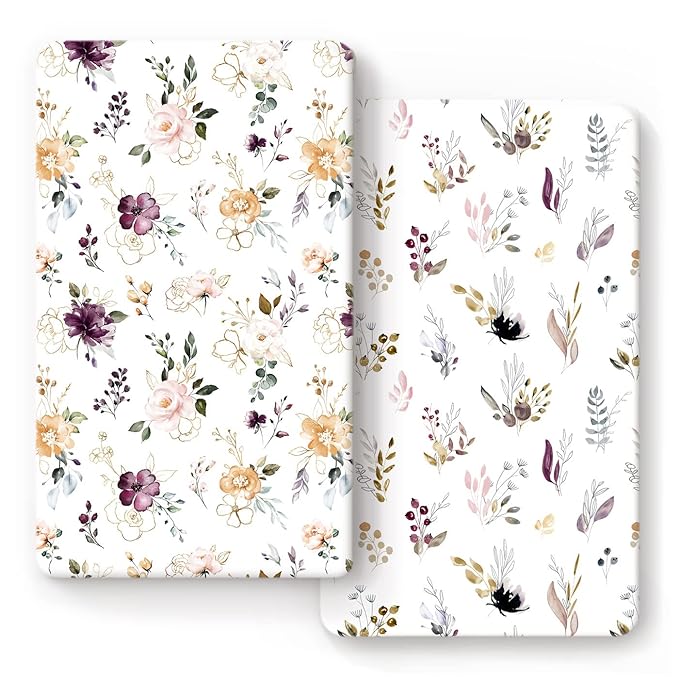 GRSSDER Stretchy Ultra Soft Jersey Knit Fitted Crib Sheets Set 2 Pack，Fits All Standard Crib Mattress Pads Safe and Snug, Pretty Purple Flora Botanical for Baby Girls