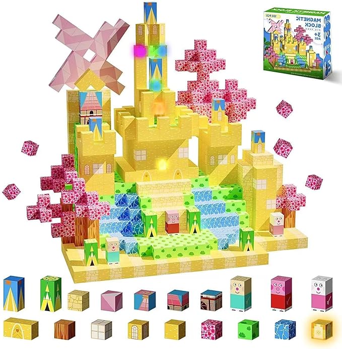 Magnetic Blocks 128 PCS Magnetic Building Blocks Cubes Gift Set for Girls and STEM Learning Preschool Learning Construction Toys