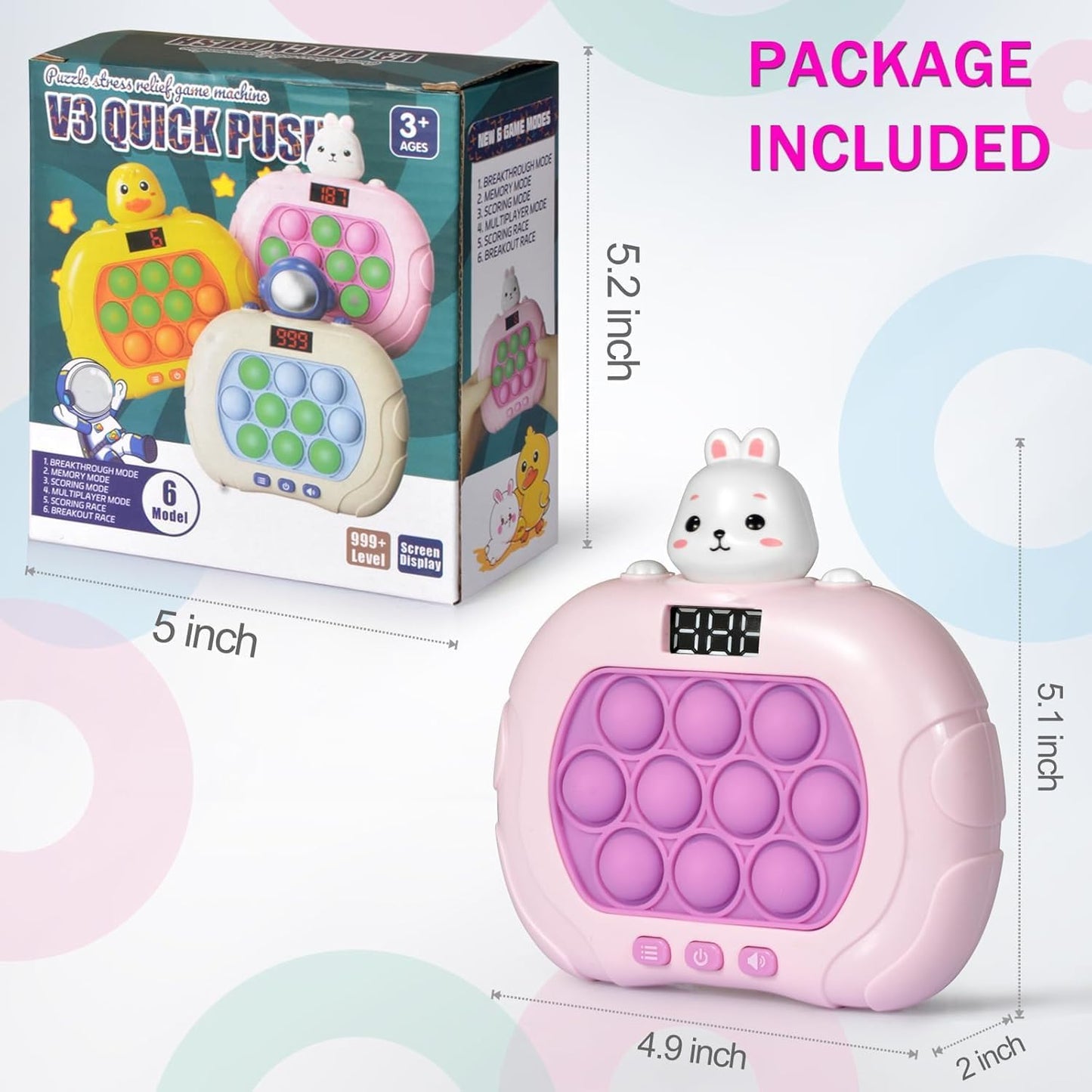 Fast Push Game Pop Fidget Toys for Kids, Handheld Puzzle Game Sensory Toys with LED Screen, Quick Push Light Up Game Gifts for 3-12 Year Old Girls Boys (Rabbit)