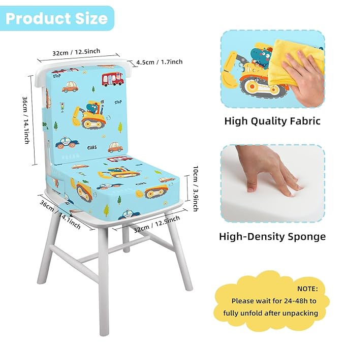 Toddler Booster Seat for Dining Table with Adjustable Straps, Kids Booster Seat for Kitchen Chair with Non-Slip Bottom, Portable Detachable Washable Increasing Cushion (Excavator)