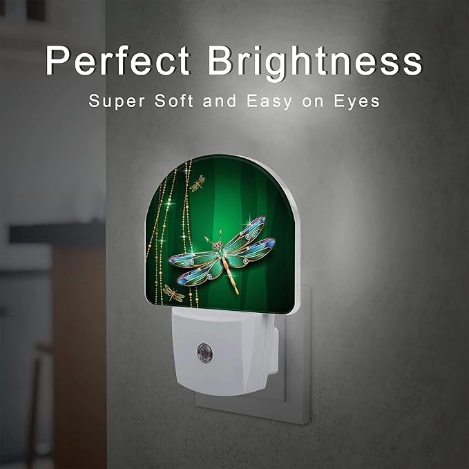 Green Jewel Dragonfly Night Light for Kids,Luxuxy Gold Dragonfly Night Light Plug in with Dusk to Dawn Sensor,0.5w Energy Saving Sleep Friendly Nightlight for Hallway Stairway Kitchen Bedroom