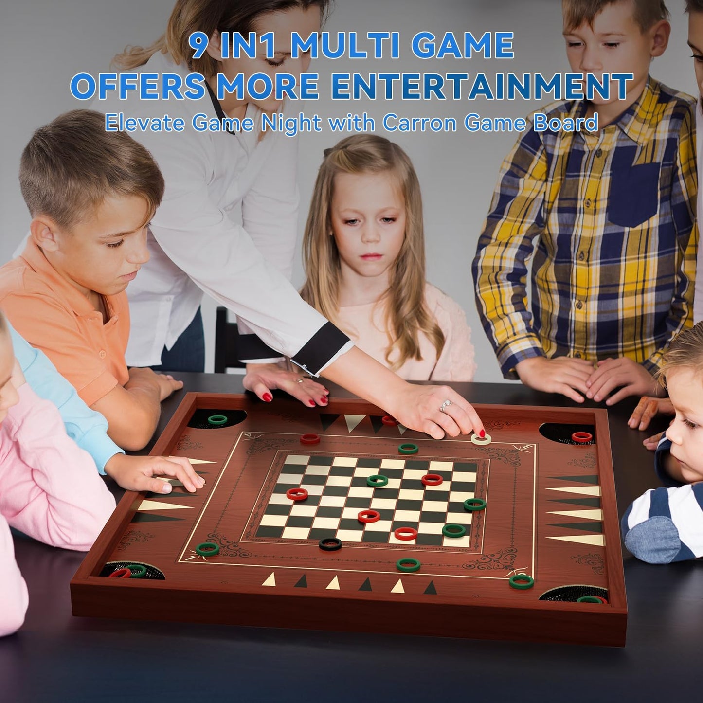 Board Game Set for Adults Family Night, 27.5 Inch Crokinole/Backgammon/Bowling Game/Tabletop Flicking Game with Discs, All in One Carron Board Game Set