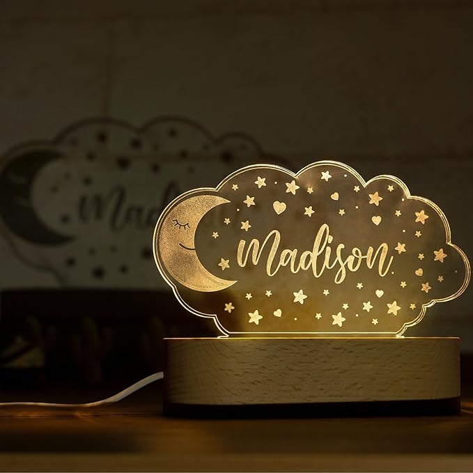 Night Light for Kids Room Personalized, Nursery Room Decor, Custom W/Name, Bedside Lamp, Birthday Gifts for Boys and Girls, Moon