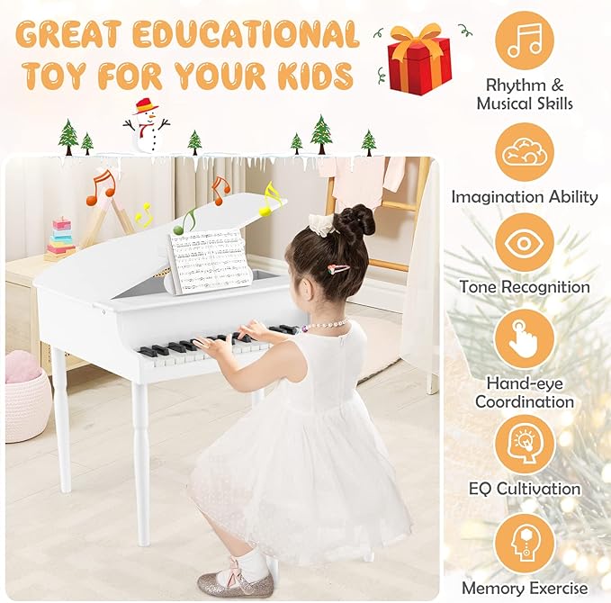 Goplus 30-Key Classical Kids Piano, Mini Grand Piano Wooden Learn-to-Play Musical Instrument Toy with Bench, Piano Lid, Music Rack, Gift for Boys Girls Aged 2+ Baby Toddler(4 Straight Leg-White)