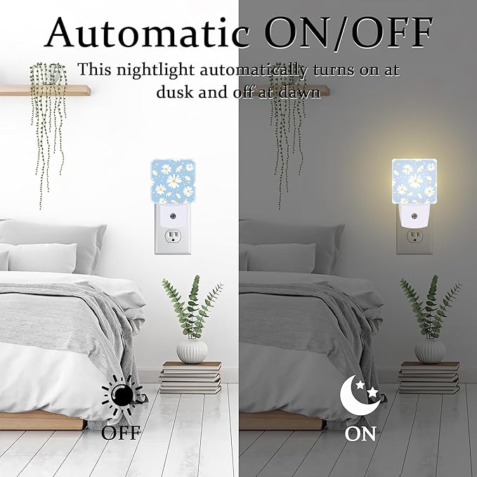 Watercolor White Daisies Flowers Night Light for Kids,Abstract Floral Flying Petals Night Light Plug in with Dusk to Dawn Sensor,0.5w Energy Saving Nightlight for Hallway Stairway Kitchen Bedroom