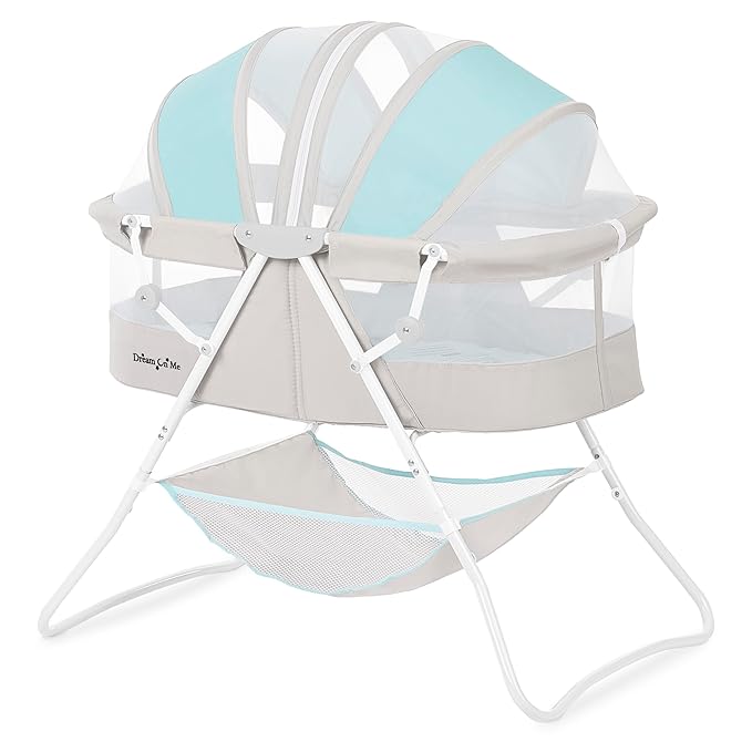 Dream On Me Karley Bassinet in Blue & Grey, Lightweight Portable Baby Bassinet, Quick Fold and Easy to Carry , Adjustable Double Canopy, Indoor and Outdoor Bassinet with Large Storage Basket.