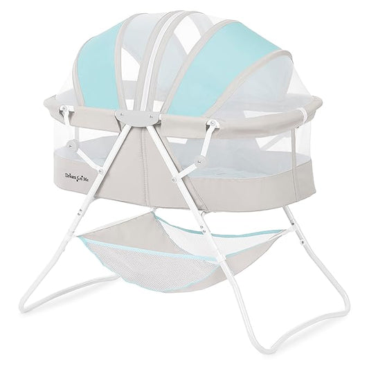 Dream On Me Karley Bassinet in Blue & Grey, Lightweight Portable Baby Bassinet, Quick Fold and Easy to Carry , Adjustable Double Canopy, Indoor and Outdoor Bassinet with Large Storage Basket.