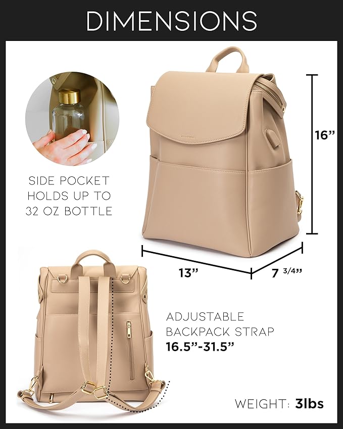 MIA + SOPHIA Leather Diaper Bag Backpack with USB Charging port, Changing Pad, Stroller Straps, and Bottle Holder (Beige Olivia)