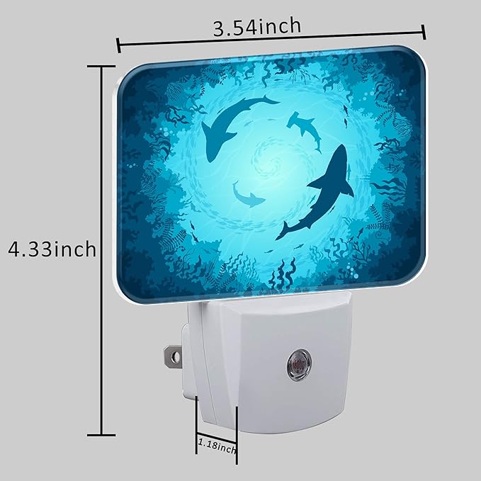 Sharks Vortex Under The Sea Night Light for Kids Girls Boys, Shark LED Night Light Plug into Wall with Dusk to Dawn Sensor for Bedroom, Hallway, Kitchen, Bathroom, Stairs Decor