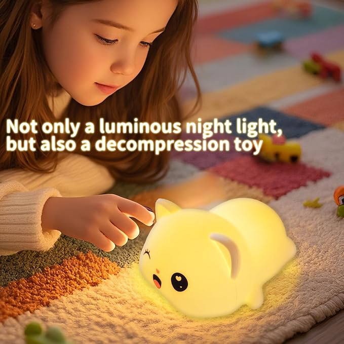 Colorful Life Cat Night Light for Kids, Silicone Tap Control LED Bedside Lamp, Soft Touch Sensor Kitty Light for Baby Girls Boys, USB Rechargeable Nightlight(Light up When patted)