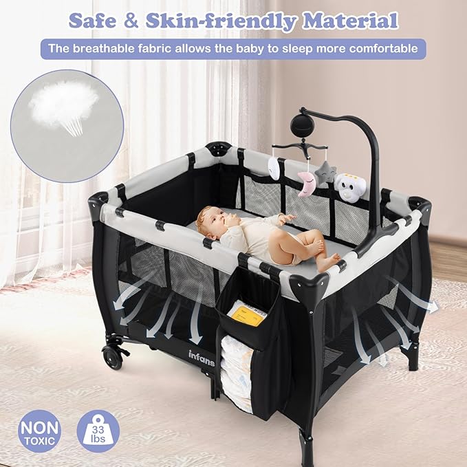INFANS 3 in 1 Pack and Play, Portable Travel Baby Crib Bassinet with Detachable Mattress, Newborn Changing Table, Foldable Playpen with Carry Bag and 2 Wheels (Morden)