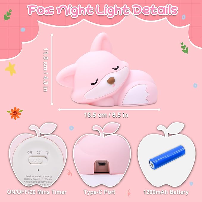 Fox Lamp for Girls, Pink Silicone Squishy Fox Shaped, 20 Mins Auto-Off Rechargeable Dimmable Night Light, Fox Gifts for Nursery Baby Girl Women, Christmas Idea