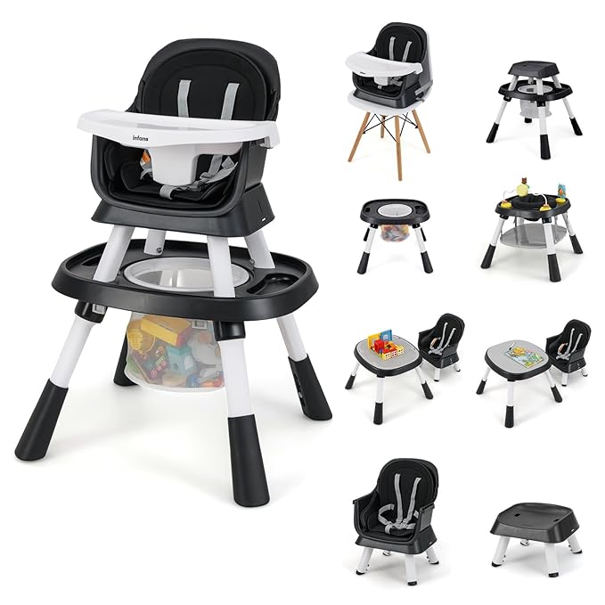 INFANS 9 in 1 High Chair, Convertible Baby Highchair for Babies and Toddlers, Table and Chair Set Building Block Infant Dining Booster Seat, Kids Stool with Activity Children Play Kitchen(Black)