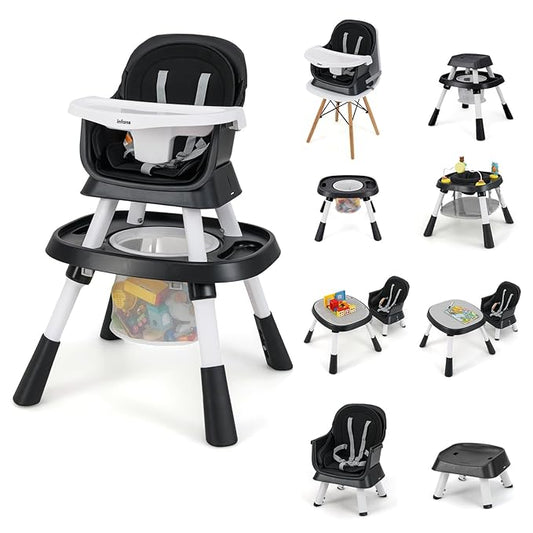 INFANS 9 in 1 High Chair, Convertible Baby Highchair for Babies and Toddlers, Table and Chair Set Building Block Infant Dining Booster Seat, Kids Stool with Activity Children Play Kitchen(Black)