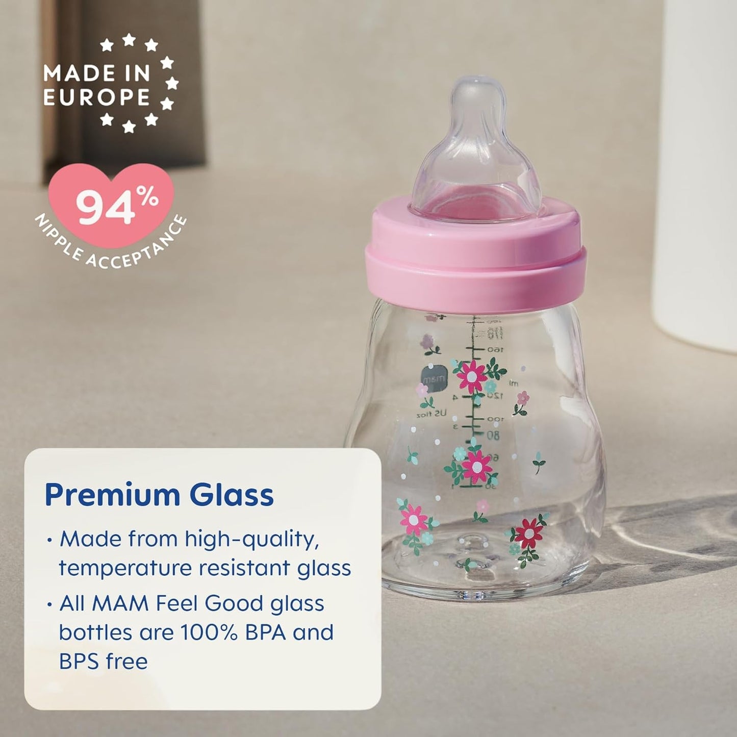 MAM Feel Good Slow Flow, Premium Glass Baby Bottles, Newborn Essentials Must Have, Easy Switch Between Breast and Bottle, 9oz, 2+ Months, BPA Free, Girl, 3 Pack