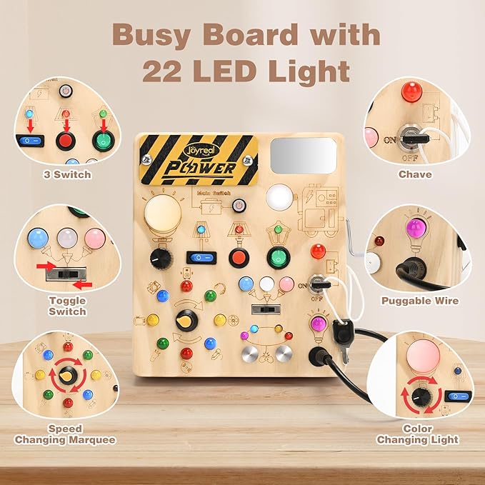 Joyreal Busy Board with 22 LED Light - Montessori Toys for 1 2 3 Years Old, Wooden Toddler Sensory Board for Kids with Autism, Fidget Board Travel Toys for 1+ Year Old Boy & Girl Birthday Gift (Big)
