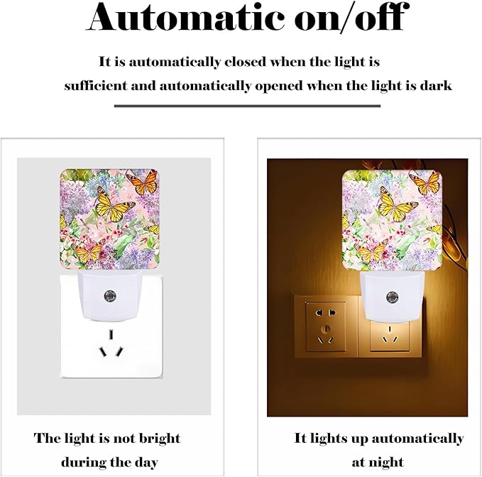 Spring Flowers and Butterflies Night Light,Plug Into Wall Decor for Stairway,Hallway,Kitchen,Dusk to Dawn Sensor Nightlights for Boys/Girls/Women/Men Room Gifts