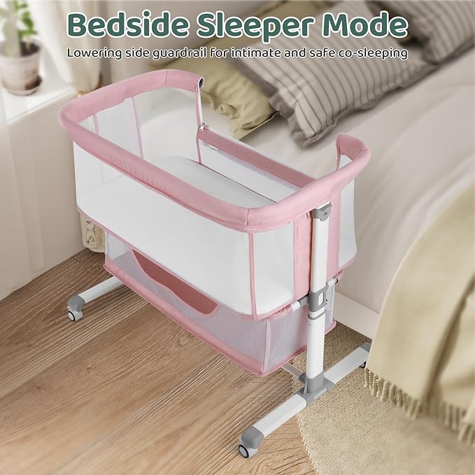 Cowiewie Bassinet Bedside Sleeper, Portable, Breathable, Adjustable Baby Bedside Bassinet for Peaceful Nights, Pink