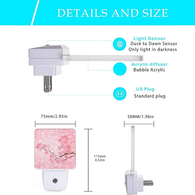 Cherry Blossoms Night Light,Spring Flower Night Lights Plug into Wall with Dusk to Dawn Light Sensors 0.5W Dim Night-Lights for Bedroom