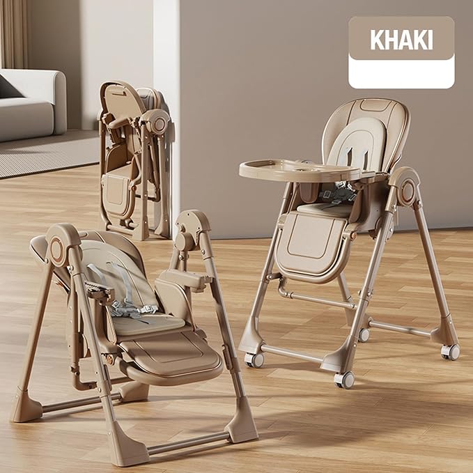 Nine point nine PU Leather Baby High Chair with Swinging Function, High Chairs for Babies and Toddlers, Removable Double Tray Baby Seat Feeding Chairs (8121 Khaki)