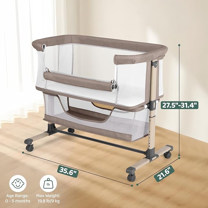 Cowiewie Bassinet Bedside Sleeper, Portable, Breathable, Adjustable Baby Bedside Bassinet for Peaceful Nights, Khaki
