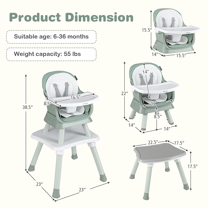 BABY JOY Baby High Chair, 8 in 1 Convertible Highchair for Babies & Toddlers | Booster Seat | Table and Chair Set | Building Block Table | Toddler Chair with Safety Harness, Removable Tray (Green)