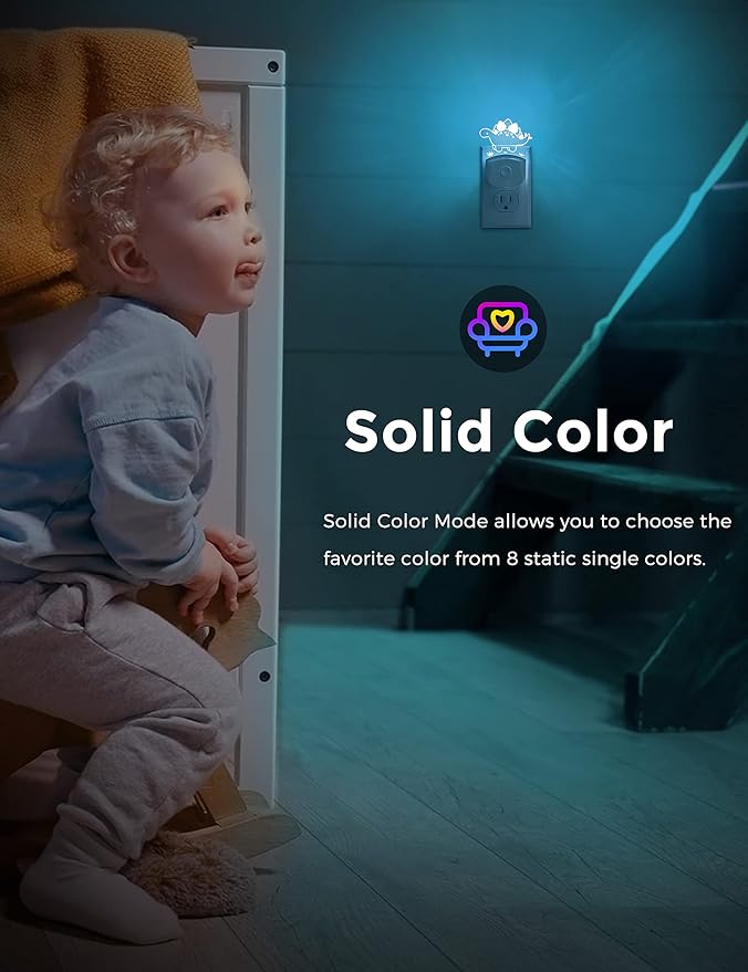 LOHAS Dinosaur Night Light for Boys, Kids Nightlight Plug in, Dusk-to-Dawn, Stegosaurus LED Night Lights Plug into Wall, RGB+Soft White 3000K, 3 Lighting Modes, Ideal for Nursery, Room Decor