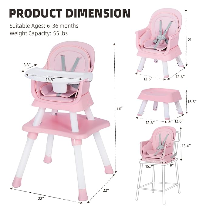 8 in 1 Baby Highchair, Convertible High Chair for Babies and Toddlers, Booster Seat w/5-Point Safety Belt, Toddler Building Block Table, Dishwasher Safe Tray, No Tool Install, Pink