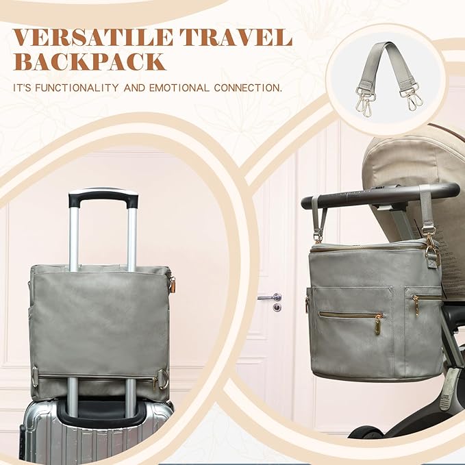 miss fong Diaper Bag Backpack Baby Diaper Bag, Large Leather Diaper Backpack with 16 Pockets Travel Bag with Diaper Changing Pad, Stroller Straps & 2 Insulated Pockets (Convertible,Premium Grey)