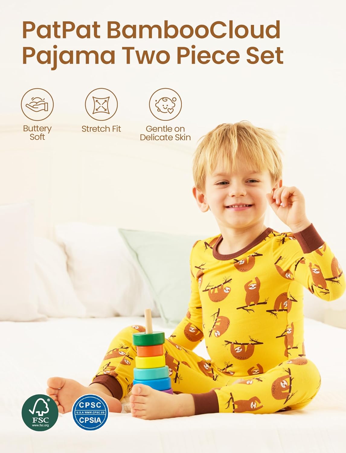PATPAT Bamboo Viscose Pajama Set for Toddlers with Improved Tensile Strength, Snug Fit Pjs Sleeper for Baby Boys Girls Kids