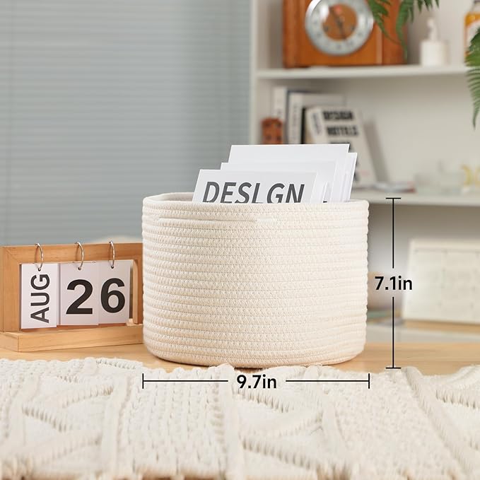 Small Basket for Organizing | Cube Shelf Closet Storage Baskets | 9.7×9.7×7.1” | Woven Rope Gift Basket | Nursery | Round 3 Packs Off White