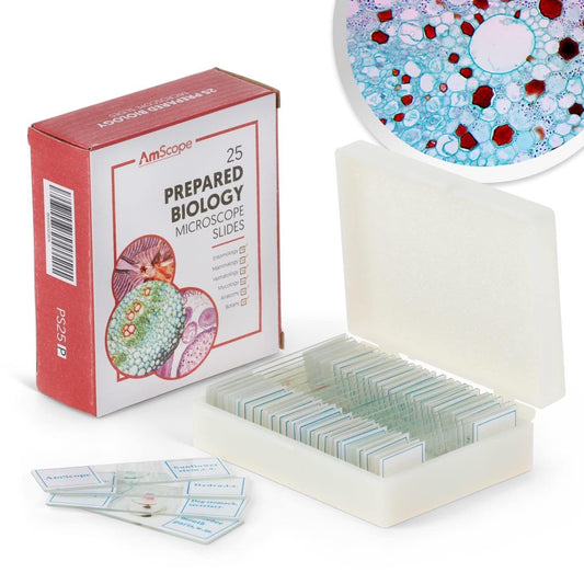 AmScope 25pc Prepared Glass Microscope Slides in Plastic Case with Plant, Fungus, Insect and Mammal Specimens