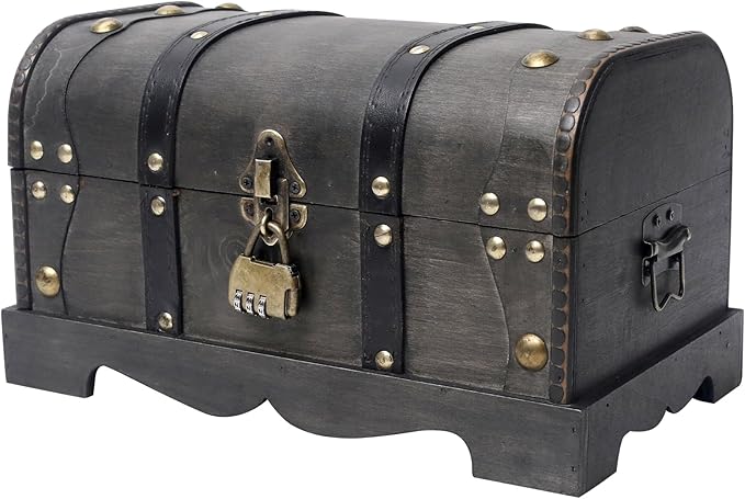 Vintage Wooden Treasure Chest Decorative Box with Lock - 12.2" x 7.1" x 7.1", Black