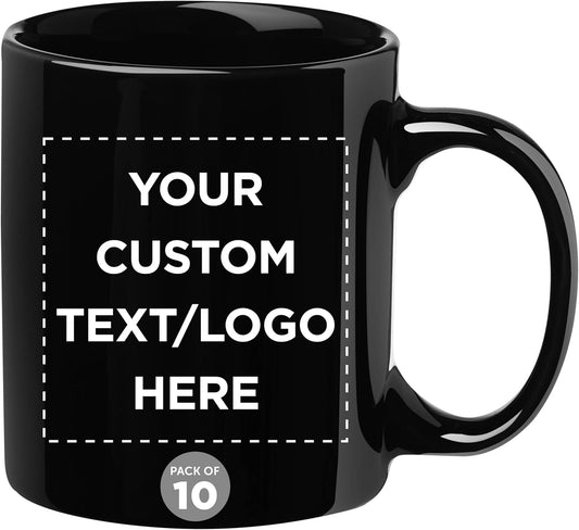 Custom Ceramic Coffee Mugs 11 oz. Set of 10, Personalized Bulk Pack - Coffee cup set, Iced coffee cup, Gaming mug - Black