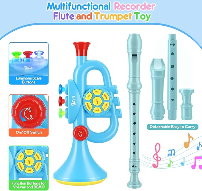 Set of 3 Toy Saxophone Kids Trumpet and Recorder Flute,Musical Instruments Set for Children,Teaching Songs Gifts with Light & Sound for Kids Ages 3-5 5-9, for Kid