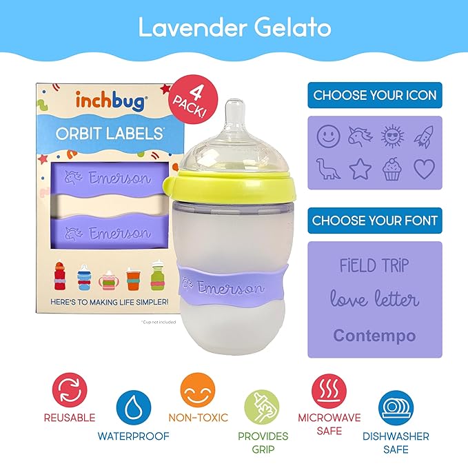 InchBug Orbit Labels - Baby Bottle Name Labels for Daycare, Sippy Cup Bands - Engraved Silicone, Reusable, Dishwasher Safe, Matching Color Personalization, 4-Pack (Lavender Gelato)